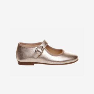 Merceditas para niña con hebilla en tono en oro metalizado. Modelo elegante y sobrio, perfecto para eventos formales.