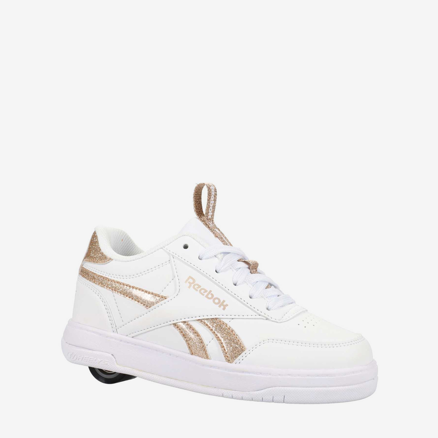 Deportivo blanco de niña con ruedas y cordones.