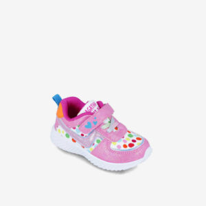 Deportivos para niña con velcro de la firma Agatha. Decorados con un divertido estampado de lunares multicolor con acabado en glitter rosa. 