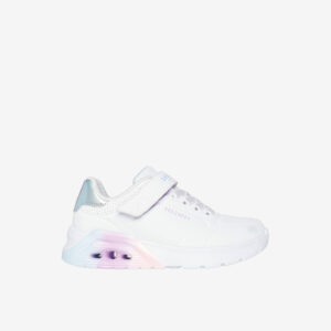 Zapatillas blancas con cámara de aire para niña de Skechers. Ligeras, transpirables y fáciles de poner. Para que corra, salte y se sienta a gusto en cada paso.