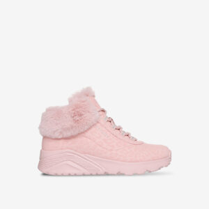 Botas Skechers rosa con animal print, cordones y cuello de pelo. Comodidad, calor y estilo para los días fríos — ¡perfectas para niñas con ritmo!