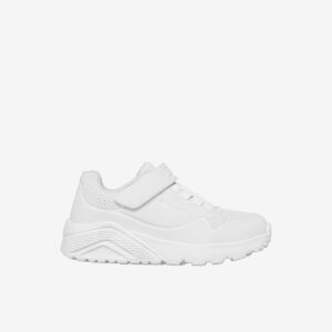 Zapatillas blancas Skechers unisex, lavables a máquina y con cierre de velcro. Resistentes, ligeras y perfectas para el colegio y el día a día.