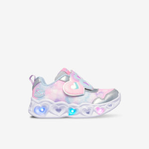 Zapatillas con luces LED de Skechers , suela con corazones y velcro ancho. Cómodas, ligeras y fáciles de poner. Desde la talla 22 a la 26 .