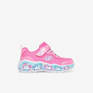 Zapatillas Skechers rosas con luces y unicornios en la suela, fáciles de poner con velcro. Ligeras, cómodas y perfectas para el día a día.
