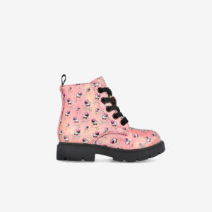 Botas Garvalín tipo Martens para niña en rosa con estampado alegre, cremallera y cordones. Cómodas, resistentes y fáciles de calzar.