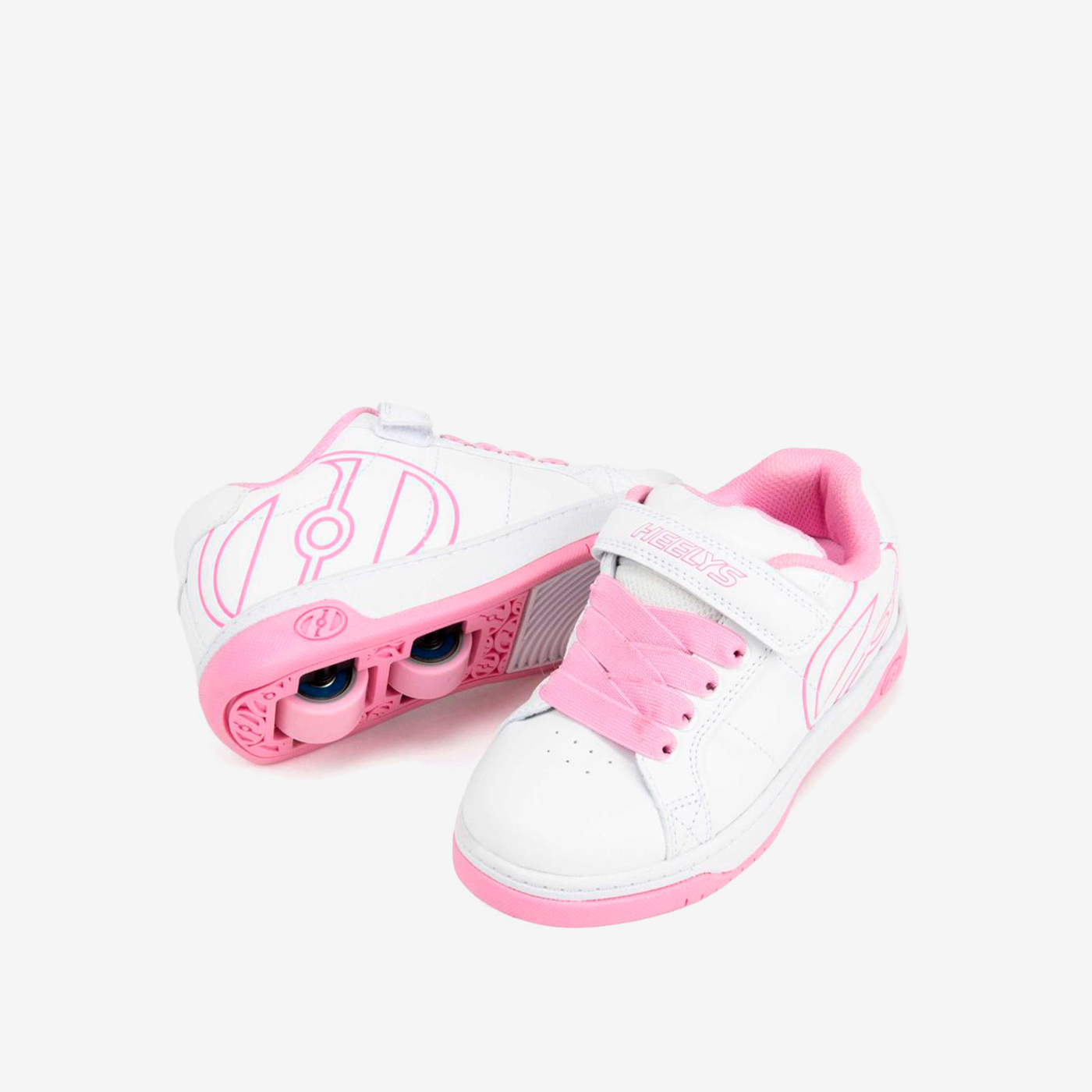 Heelys blancas y rosas con ruedas desmontables y cierre mixto. Comodidad, confianza y diversión para cada paso de tu pequeña.