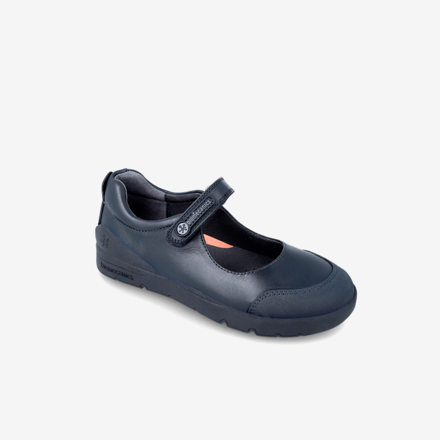 Biomecanics mercedes colegial en azul marino con velcro y puntera reforzada.
