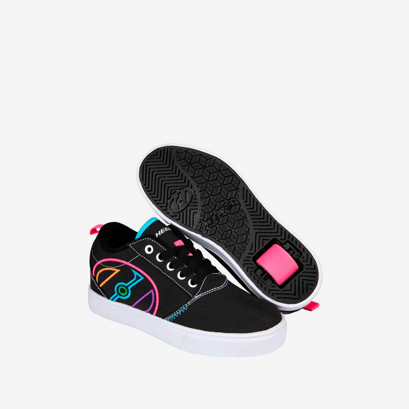 Heelys negras multicolor con ruedas y cordones.