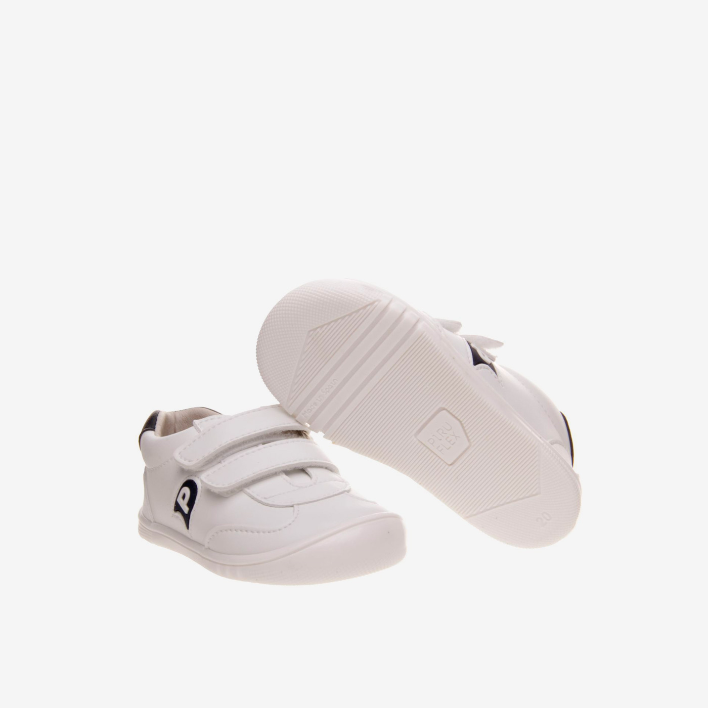 Zapatillas PIRUFLEX blancas y marino para guardería | Respetuosas y con velcro